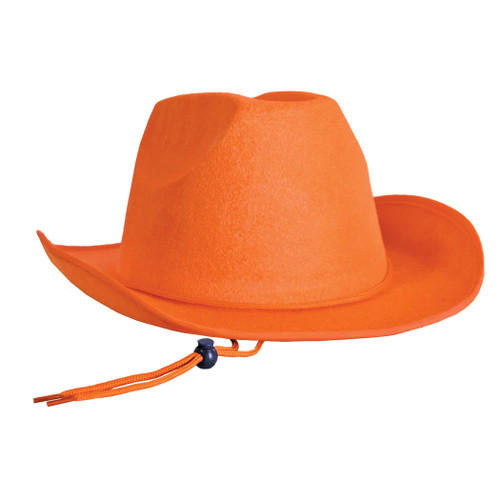 Orange Velour Cowboy Hat. This velour cowboy hat features an orange color and an adjustable chin strap. One size fits most.