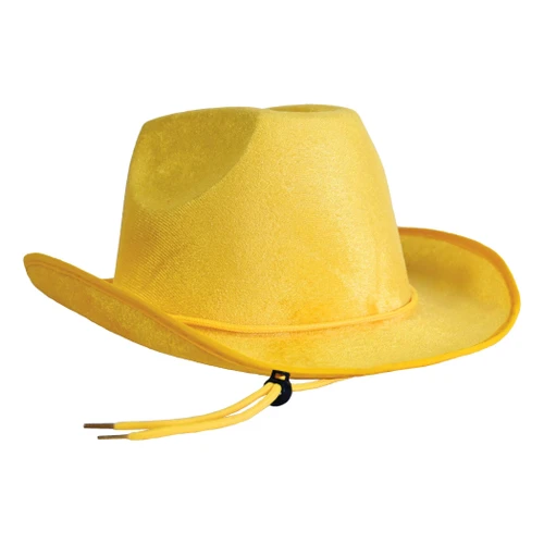 Yellow Velour Cowboy Hat. This velour cowboy hat features a bright yellow color and an adjustable chin strap. One size fits most.
