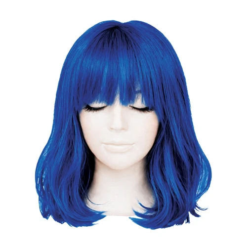 Blue Long Bob Wig. This blue, synthetic hair wig features a long bob hairstyle with straight across bangs. One size fits most teens and adults.