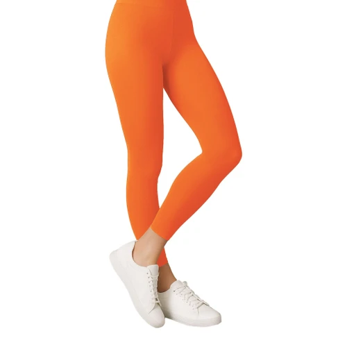 Adult Footless Tights - Orange. These orange polyester tights cut off at the ankles.  One size fits most adults.