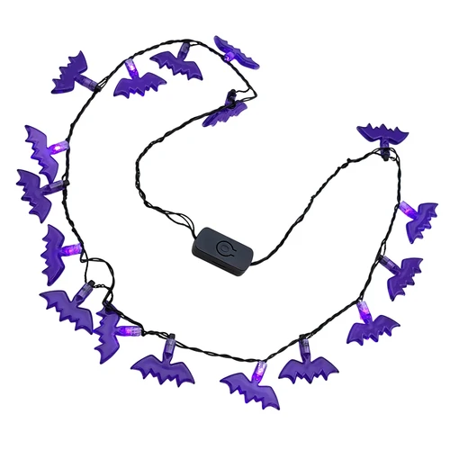 Halloween Critter Flashing Necklace - Purple Bats. This light-up necklace features 8 bright LEDs and 3 Light modes. It's available in tiny purple bats, orange spiders, or purple spiders. Batteries included. Package includes 1 count necklace. Desired style not guaranteed. One size fits most.