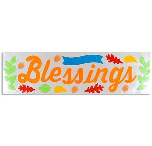 Harvest Gel Clings - Foliage and Harvest Blessings. These translucent gel clings feature icons such as leaves, pumpkins, and acorns. Available with a turkey and "FALL" or foliage and "HARVEST Blessings". Desired style not guaranteed. Package measures 19in x 5.5in.