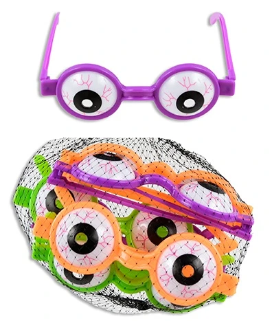Eyeball Favor Glasses. These purple, orange, and green plastic frames feature eyeballs with red veins. For novelty use only. Package includes 5 count favors measuring about 5in. One size fits most.