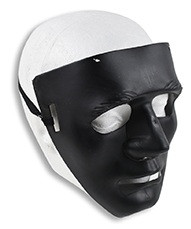 Expressionless Face Mask - Black. This molded plastic mask with a black elastic band features full face coverage with eye and mouth holes, a little bit of texture over the eyes as eyebrows. Available in Black, White, or Glow in the Dark Green (must be exposed to light for a period of time). Desired color not guaranteed. Mask measures 6.75in x 7in. One size fits most.
