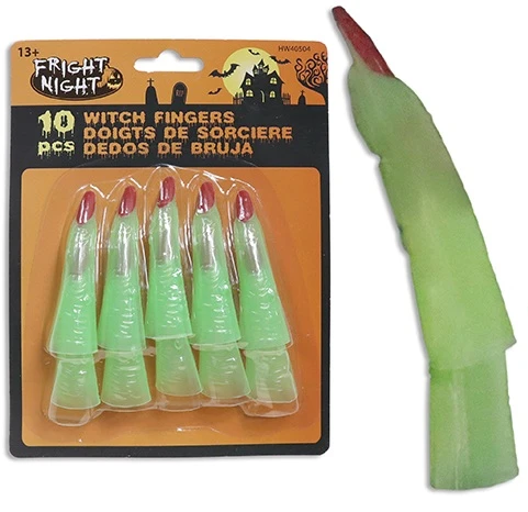 Glow in the Dark Witch Fingers.  When exposed to light for a period of time, these green plastic fingers glow in the dark. Package includes 10 count favors measuring about 2.75in.