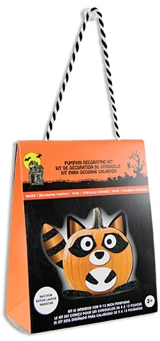 Raccoon Pumpkin Decorating Kit. This kit includes adhesive foam pieces in white, sparkly black, and orange foil to create the face, ears, and tails of a raccoon. Designed for a 9in - 13in pumpkin, not included. Package includes materials for 1 count decoration with 21 pieces.