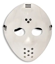 Plastic Hockey Mask - White. Available in solid white or in translucent glow in the dark (after exposed to light for a period of time). Includes black elastic straps. Desired color not guaranteed. Measures 9in. One size fits most. Not to be used as sport equipment.