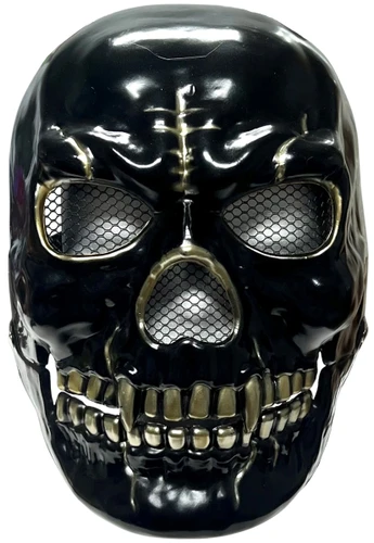 Skull Mask with Movable Jaw - Black with Gold. Available in black with gold details, white with red details, or white with black and red details, this plastic mask has black mesh behind the eye and nose holes, a black elastic band, and a movable lower jaw when the foam pieces are positioned under the chin. Desired style not guaranteed. Measures about 9.5in x 7.25in. One size fits most.