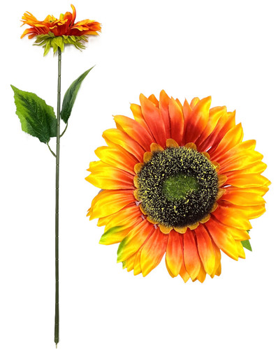 Sunflower Stem - Yellow Orange. This green plastic stem includes two green fabric leaves and fabric sunflowers in either light orange/yellow or burgundy. Desired color not guaranteed. Measures about 22in long, 6in in diameter.