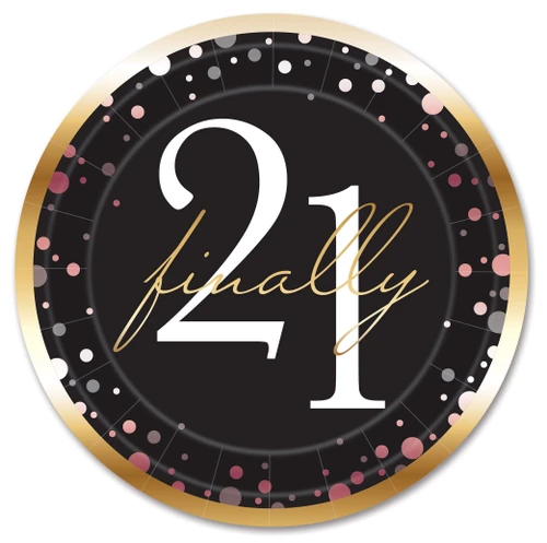 21 Finally Luncheon Plates. These round paper plates feature a black background with a printed gold gradient trim. Centered is "21" in white offset text overlayed with "finally" in gold script, surrounded by dot confetti in shades of pink and faded gray. Package includes 8 count plates measuring 9in.