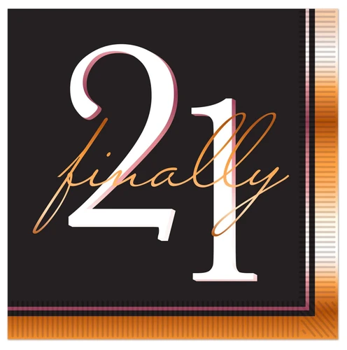 21 Finally Luncheon Napkins. These 2 ply paper napkins feature a black background with a printed orange gradient trim and a thinner pink gradient trim. Centered is "21" in white offset text with a pink shadow overlayed with "finally" in orange script. Package includes 16 count napkins measuring 6.5in when folded.
