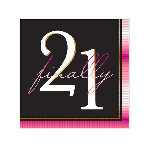 21 Finally Beverage Napkins. These 2 ply paper napkins feature a black background with a printed pink gradient trim and a thinner gold gradient trim. Centered is "21" in white offset text with a gold shadow overlayed with "finally" in pink script. Package includes 16 count napkins measuring 5in when folded.