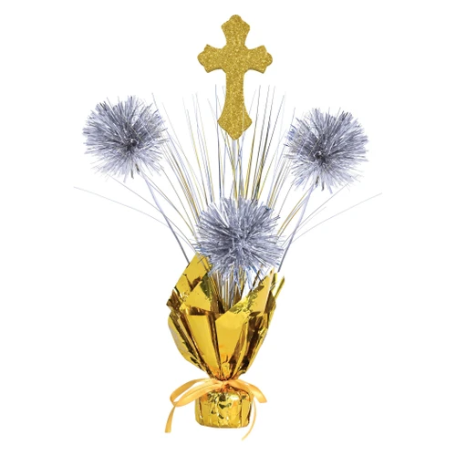First Communion Gleam N Spray Centerpiece. With gold and silver sprays and a gold foil base, this centerpiece features silver tinsel pom poms and a foam cross with a gold glitter finish. Measures 16in.