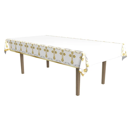 Religious Plastic Tablecover. This white, rectangular, plastic table cover features borders with a repeating pattern of gold gradient crosses with gradient gold and silver trim and filigree above and below. Measures 54in x 108in.