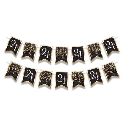 21 Finally Streamer. These black printed cardstock pennants feature a gradient gold trim. Individual pieces include two designs, one with gold streamers with dot and star confetti, the other with "21" in white offset text overlayed with "finally" in gradient pink script. Undersides are white. Assembly required. Measures about 6in x 8ft when assembled.