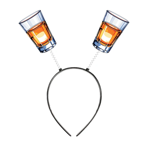 Shot Glass Boppers. This black plastic headband features two printed foam headboppers of filled shot glasses. One size fits most.