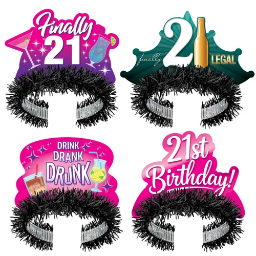 21 Finally Tinsel Tiaras. These headbands feature a covering of black tinsel, topped with a printed cardstock piece of one of four designs. Designs include text such as "Finally 21," "DRINK DRANK DRUNK," "finally 21 LEGAL," and "21st Birthday!" Package includes 4 count tiaras. One size fits most.