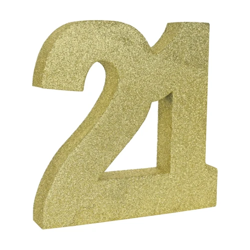 3-D Glittered 21 Centerpiece. This foam centerpiece features a number “21” with a gold glitter finish. Measures 8in x 8in x 1in.