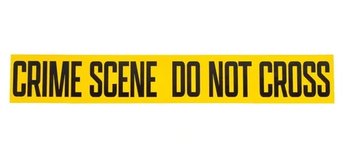 Crime Scene Plastic Tape Roll. Bright yellow with black text, this plastic tape features "CRIME SCENE DO NOT CROSS" repeating. Measures 4.5in x 244in.