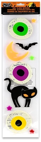 Halloween Window Gel Cling Banner - Eyeballs. With a choice between a set that includes eyeballs, pumpkins, or ghosts, these are decals made from synthetic rubber with static cling. Desired style not guaranteed. Sheet measures about 19in x 6in.