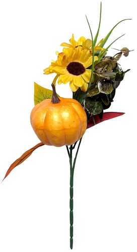 Pumpkin and Flower Pick. This green plastic stem includes a mini plastic pumpkin, yellow fabric flowers, and sprigs of fall foliage. Measures about 10.5in.