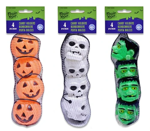 Mini Halloween Character Favor Containers. Available in Jack O Lanterns, Skulls, or Frankenstein's Monster, these tiny plastic candy pails feature black plastic handles. Desired style not guaranteed. Package includes 4 count holders measuring about 2.25in tall, 2.25in in diameter.