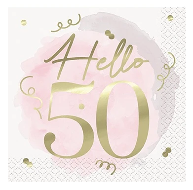 Blush Hello 50 Luncheon Napkins. These white 2 ply paper napkins with a blush pink painterly smudge background feature "Hello" in small gold foil script above "50" in matching large numbers, accented with gold confetti. The underside is white with a small pink "50" with confetti in the bottom corner. Not for use in microwave. Package includes 16 count napkins measuring 6.5in when folded.