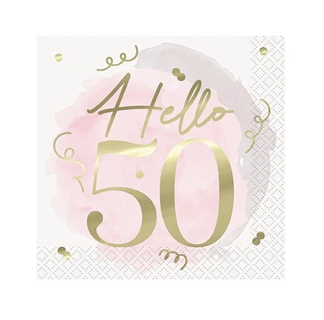 Blush Hello 50 Beverage Napkins. These small, white 2 ply paper napkins with a blush pink painterly smudge background feature "Hello" in small gold foil script above "50" in matching large numbers, accented with gold confetti. The underside is white with a small pink "50" with confetti in the bottom corner. Not for use in microwave. Package includes 16 count napkins measuring 5in when folded.