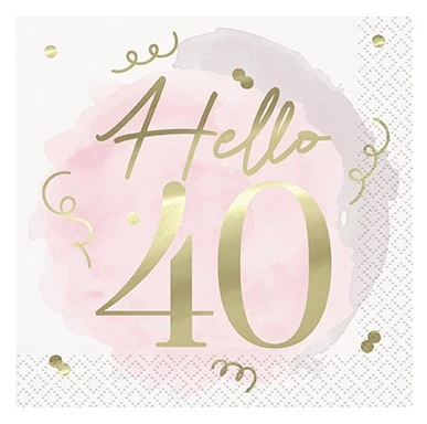 Blush Hello 40 Luncheon Napkins. These white 2 ply paper napkins with a blush pink painterly smudge background feature "Hello" in small gold foil script above "40" in matching large numbers, accented with gold confetti. The underside is white with a small pink "40" with confetti in the bottom corner. Not for use in microwave. Package includes 16 count napkins measuring 6.5in when folded.