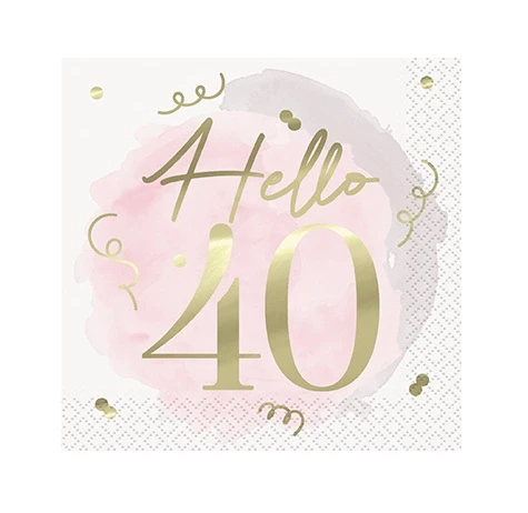 Blush Hello 40 Beverage Napkins. These small, white 2 ply paper napkins with a blush pink painterly smudge background feature "Hello" in small gold foil script above "40" in matching large numbers, accented with gold confetti. The underside is white with a small pink "40" with confetti in the bottom corner. Not for use in microwave. Package includes 16 count napkins measuring 5in when folded.