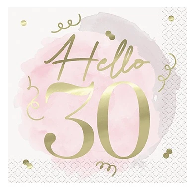 Blush Hello 30 Luncheon Napkins. These white 2 ply paper napkins with a blush pink painterly smudge background feature "Hello" in small gold foil script above "30" in matching large numbers, accented with gold confetti. The underside is white with a small pink "30" with confetti in the bottom corner. Not for use in microwave. Package includes 16 count napkins measuring 6.5in when folded.