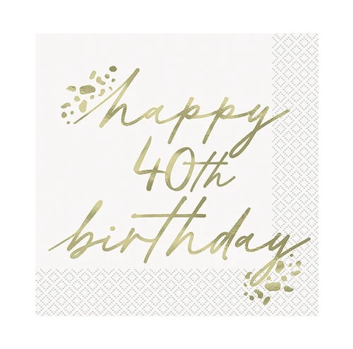 Gold Foil 40th Birthday Beverage Napkins. These small, white 2 ply paper napkins feature "happy 40th birthday" in metallic gold script, accented by a couple of clusters of matching gold spots. The underside is white with a small "40th" in matte gold in the bottom corner. Not for use in microwave. Package includes 16 count napkins measuring 5in when folded.