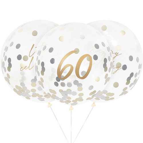 Foil Confetti 60th Birthday Latex Balloons. These clear balloons feature "let's celebrate," "happy birthday," and "60" in gold script, filled with gold and silver foil circular confetti pieces. Package includes 6 count 16in balloons.