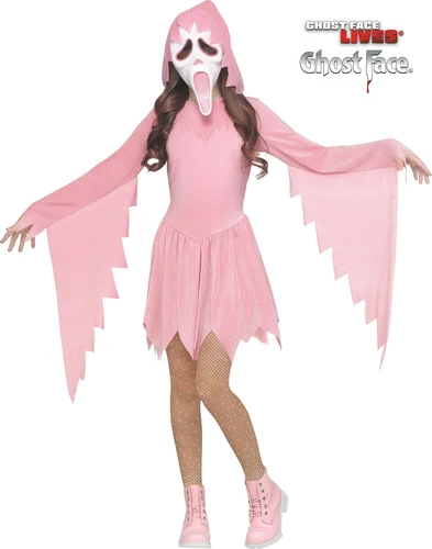Ghost Face Pastel Pink Child costume. This part polyester part spandex costume features a hooded pink sparkle dress with draped sleeves and a white mask with pink glitter accents. Shoes and tights not included. Child sizes Small fits 4 - 6, Medium fits 8 - 10, Large 12 - 14, and X Large 14 - 16.