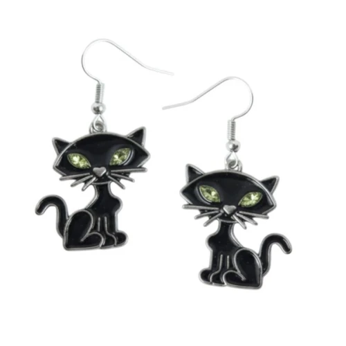 Black Cat with Green Eyes Earrings. These metal earrings feature sitting black cats with silver tone noses and whiskers and green acrylic gems for eyes. The undersides are silver tone. Package includes 1 pair of earrings measuring about 1.1in.