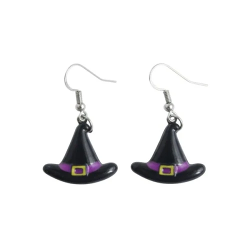Witch Hat Earrings. These earrings feature black witch hats with purple hat bands and yellow buckles. The undersides are flat. Package includes 1 count pair of earrings measuring about .8in.
