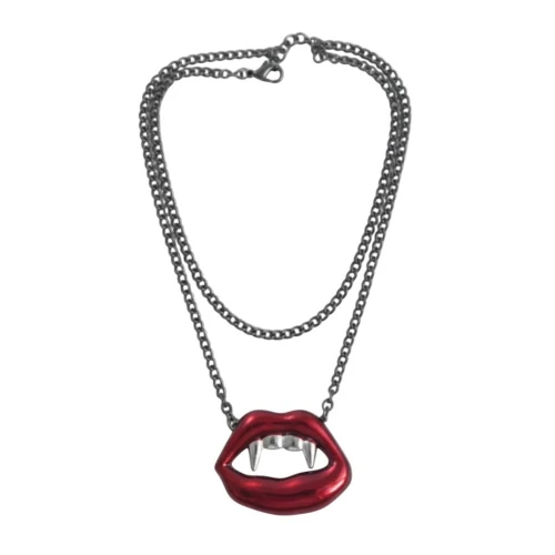 Vampire Fangs Necklace. This black tone chain features a red lip shaped pendant, opened to reveal silver tone fangs. The underside is flat. Pendant measures about 1.2in x 1.9in. One size fits most.