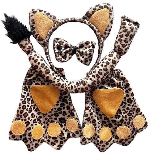 Cheetah Accessory Kit. This kit includes a cheetah print fabric headband with ears, along with a matching bowtie (about 3.75in) with black elastic, a clip on tail with a tuft of black faux fur, and fabric paw mittens. One size fits most.
