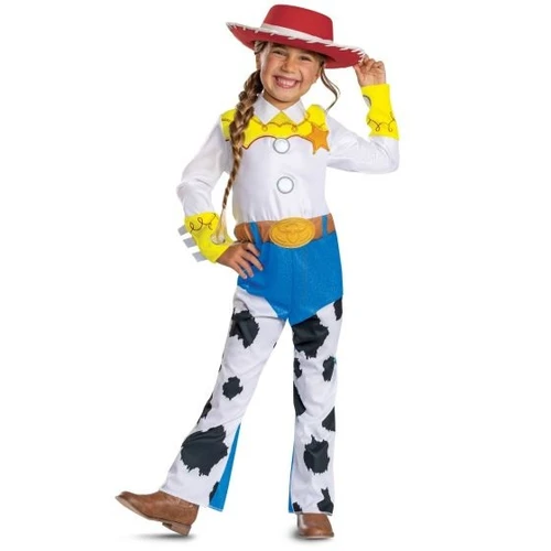 Toy Story 5 Jessie Classic Child. This polyester costume includes a classic Jessie jumpsuit and a red hat, along with her own sheriff badge. Costume does not include shoes. Girls X Small fits most 3T to 4T, Girls Small fits most 4 to 6x and Girls Medium fits most 7 to 8.
