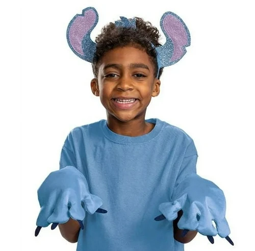 Stitch Accessory Kit. This polyester set includes a blue headband with felt ears and a tuft of hair with a glitter finish on one side, as well as a pair of blue paw gloves with dark blue felt claws. Blue shirt not included. One size fits most.