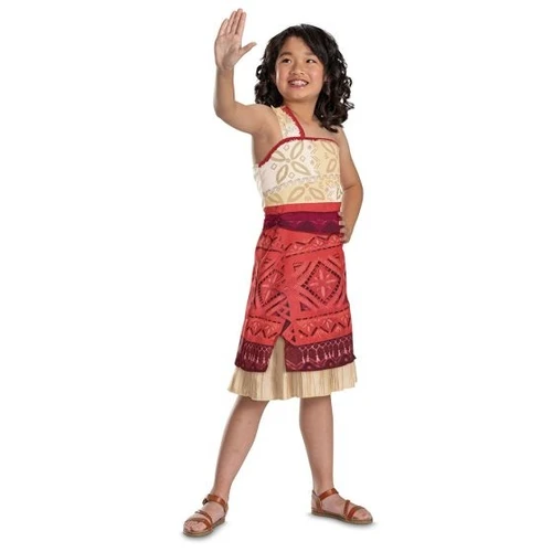 Moana 2 Classic Child costume. This polyester costume includes a red and off white dress with attached sash. Sandals not included. Girls X Small fits most 3T to 4T, Girls Small fits most 4 to 6x and Girls Medium fits most 7 to 8.