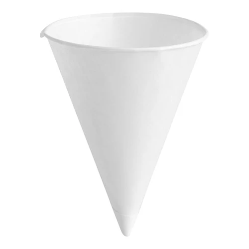 Paper Snow Cone Cups. These wax treated white paper cups feature a classic snow cone shape and rolled rims. Package includes 50 count cones measuring about 4.7in, able to hold 8oz.