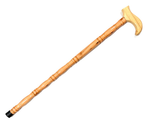 Wooden Cane. This bright wooden cane with a glossy finish has a black rubber end and an easy grip handle for an authentic look.  For costume use only, not medical equipment. Measures 27in.