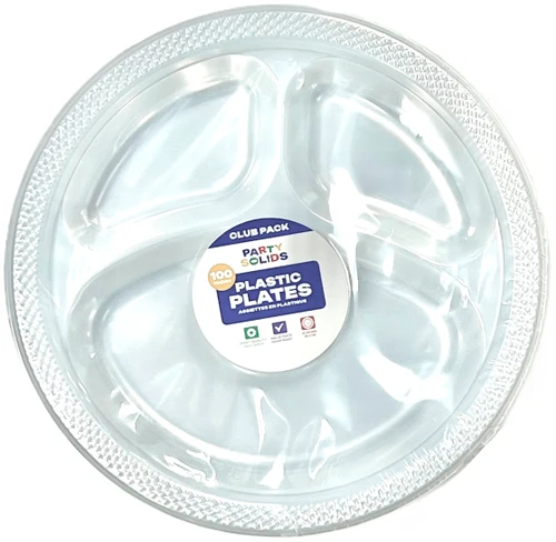 Clear Divided Plastic Plates. These disposable but durable clear plastic plates have a decorative bumpy trim, one large half section, and two smaller quarter sections. Package includes 100 count 10in plates.