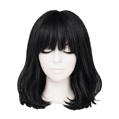 Long Bob Wig - Black. This black, synthetic hair wig features a long bob hairstyle with straight across bangs. One size fits most teens and adults.