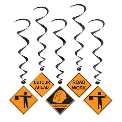Construction Sign Whirls. These black foil whirls feature classic orange and black diamond shaped construction themed printed cardstock cutouts, including text such as "DETOUR AHEAD," "ROAD WORK," and crossing symbols and a Hard Hat Area design. Package includes 5 count decorations measuring 3ft 4in.