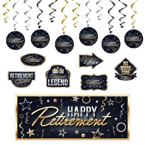 Retirement Party Kit. This kit includes black, gold, and silver foil whirls with circular cutouts featuring a black background with silver and gold confetti with stars, and "HAPPY Retirement" in silver and gold lettering. It also includes printed cardstock cutouts with the same color scheme with various phrases as well as a large matching plastic banner. Package includes 12 whirls (6 plain whirls measuring 17.5in, 6 swirls with cutouts measuring 30.5in), 6 cutouts measuring 9in - 10.75in, and 1 banner measuring 30in x 6ft. 19 pieces total.