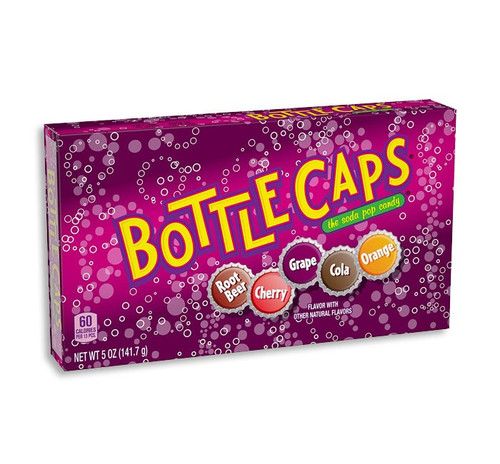 Bottlecaps Theater Box. These bottlecap shaped candies feature soda flavors such as root beer, grape soda, orange soda, cherry cola, and original cola. Net WT 5 oz.