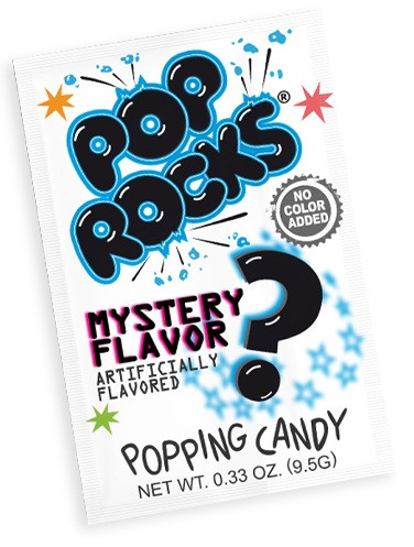 Pop Rocks Mystery Flavor Candy. This classic popping candy features a mystery flavor that could be sweet, tangy, or fruity. Net WT 0.33oz.