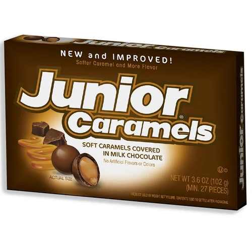Junior Caramels Theater Box. These tiny milk chocolates feature a caramel center. Net WT 3.6 oz.